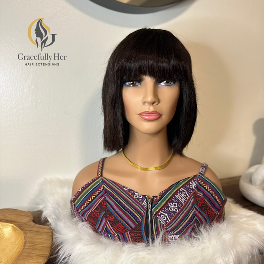 GRACEFULLY HER 10 INCH HUMAN HAIR SHORT BLACK BOB WIG WITH BANG