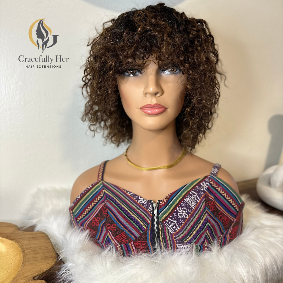 GRACEFULLY HER SHORT CURLY BANG HUMAN HAIR WIG OMBRE GOLDEN BROWN/BLK