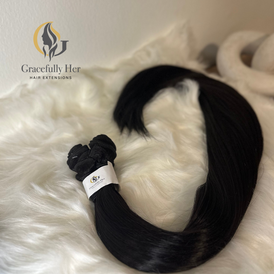 GRACEFULLY HER SILKY STRAIGHT PREMIUM QUALITY MIXED FIBER NATURAL BLACK HAIR BUNDLES.